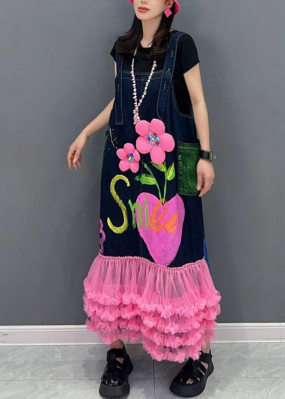 Modern Dark Blue Patchwork Pink Tulle Patchwork Floral Maxi Dresses Sleeveless - Image 3