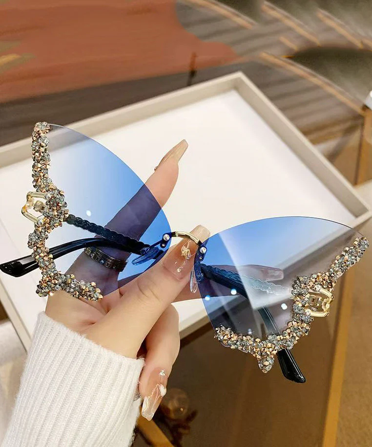 Modern Dark Grey Metal Zircon Butterfly UV Protection Sunglasses - Image 5