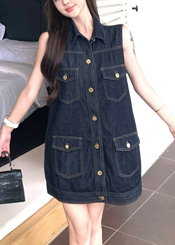 Modern Denim Blue Peter Pan Collar Patchwork Pockets Mid Dress Sleeveless - Image 2