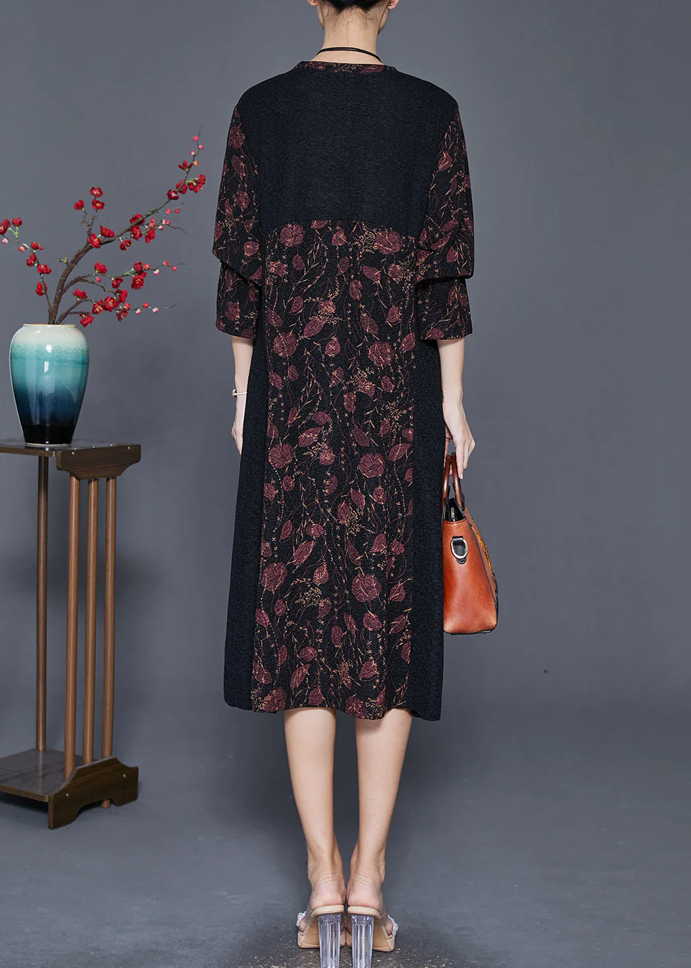 Modern Dull Red Print Patchwork Spandex Dress Bracelet Sleeve - Image 3