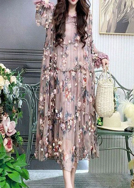 Modern Embroidered Floral Ruffled Tulle Long Dress Lantern Sleeve - Image 2