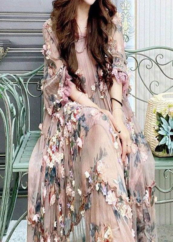 Modern Embroidered Floral Ruffled Tulle Long Dress Lantern Sleeve - Image 3