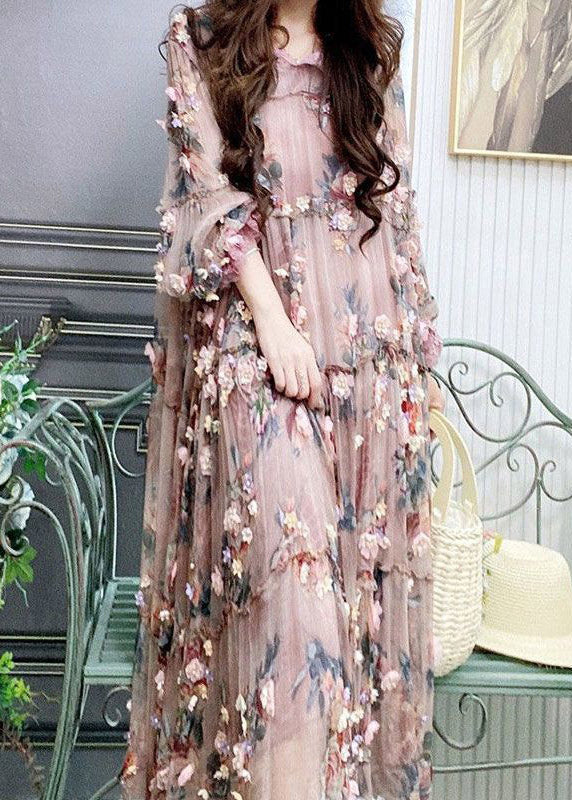 Modern Embroidered Floral Ruffled Tulle Long Dress Lantern Sleeve - Image 4