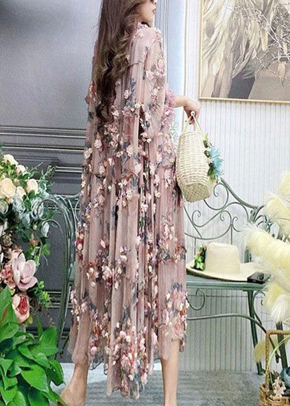 Modern Embroidered Floral Ruffled Tulle Long Dress Lantern Sleeve - Image 5