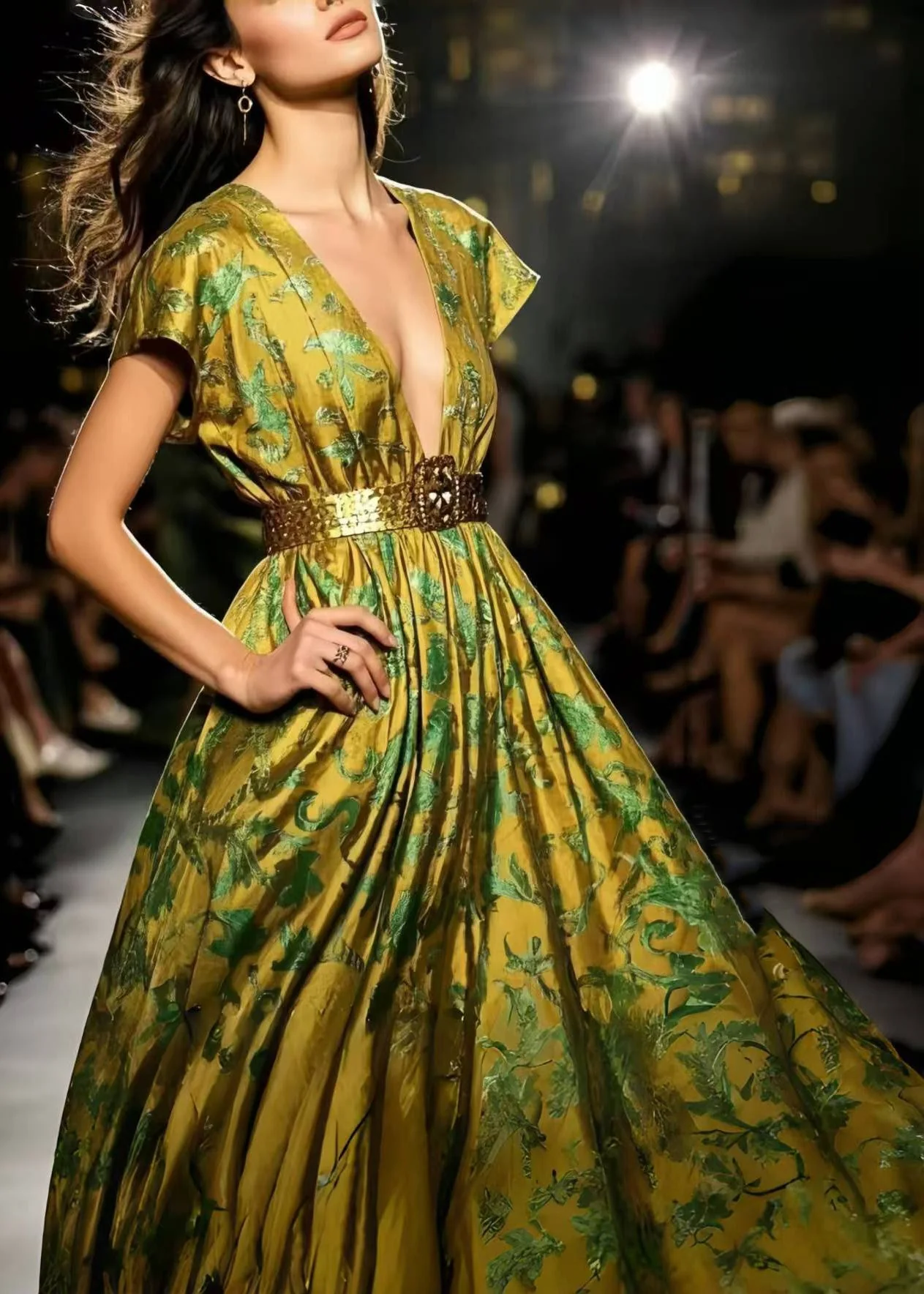 Modern Fluorescent Green Jacquard Exra Large Hem Silk Vestidos Dress - Image 3