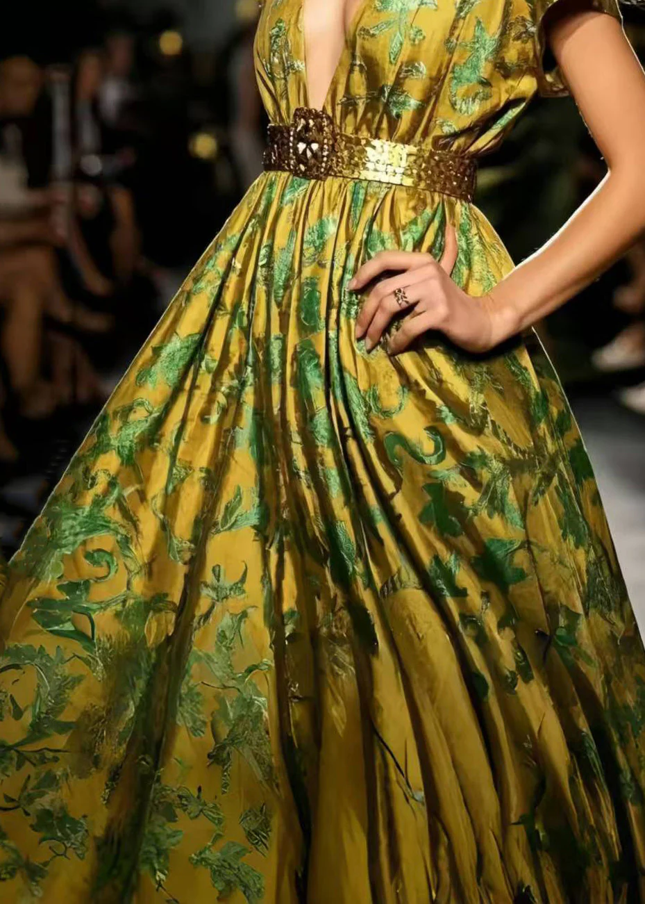 Modern Fluorescent Green Jacquard Exra Large Hem Silk Vestidos Dress - Image 4