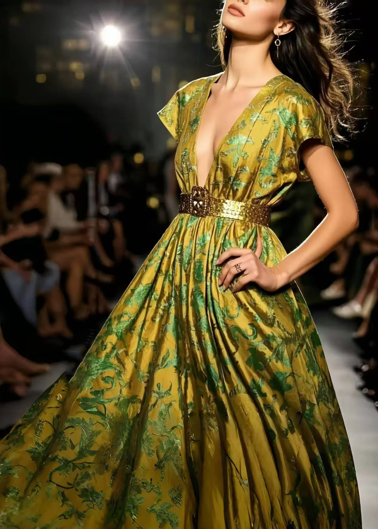 Modern Fluorescent Green Jacquard Exra Large Hem Silk Vestidos Dress - Image 5