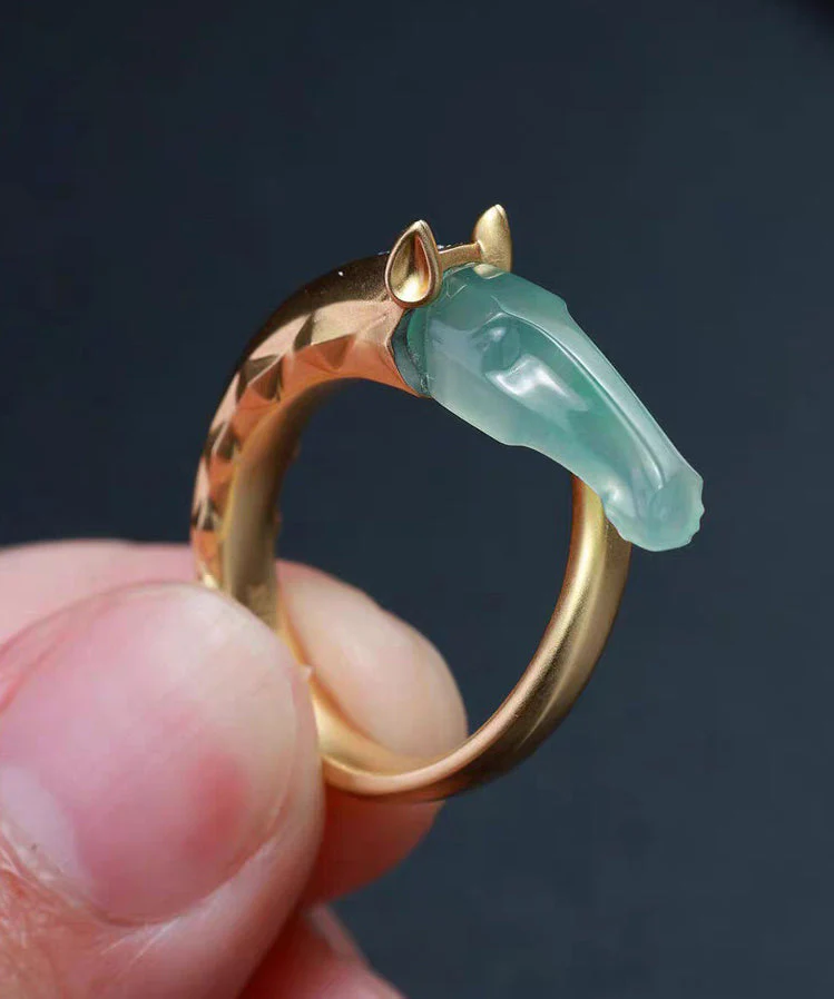 Modern Gold Asymmetric Zircon Copper Rings Jade Horse Head - Image 3
