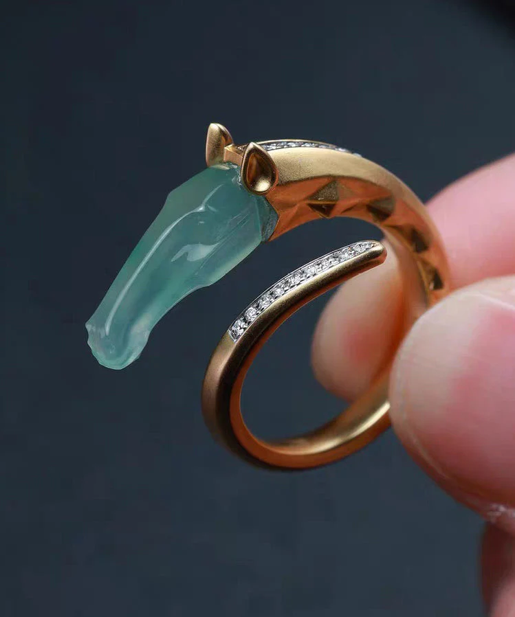 Modern Gold Asymmetric Zircon Copper Rings Jade Horse Head - Image 4