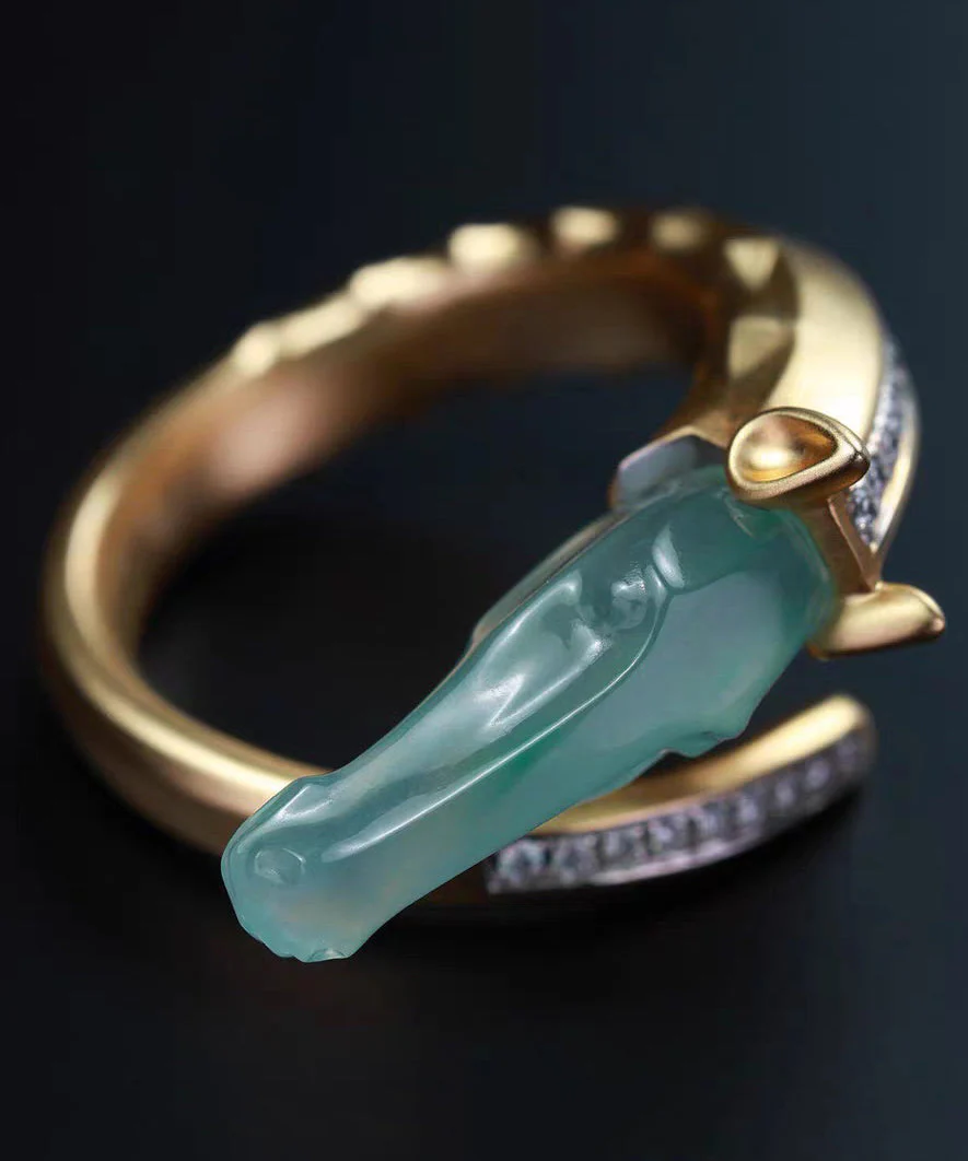 Modern Gold Asymmetric Zircon Copper Rings Jade Horse Head - Image 5
