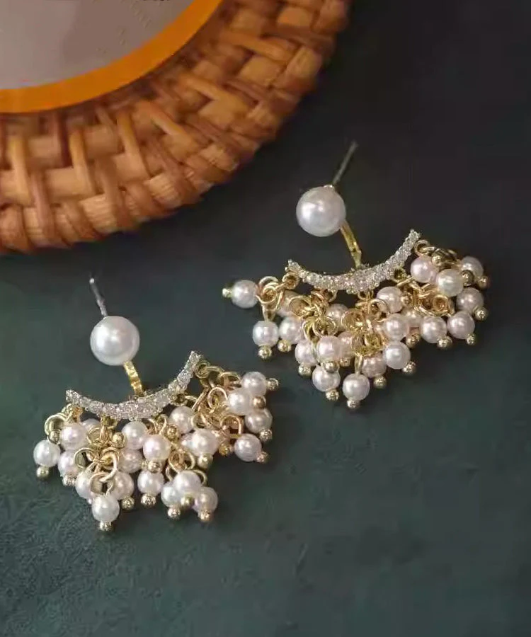 Modern Gold Copper Alloy Zircon Acrylic Pearl Tassel Drop Earrings - Image 3