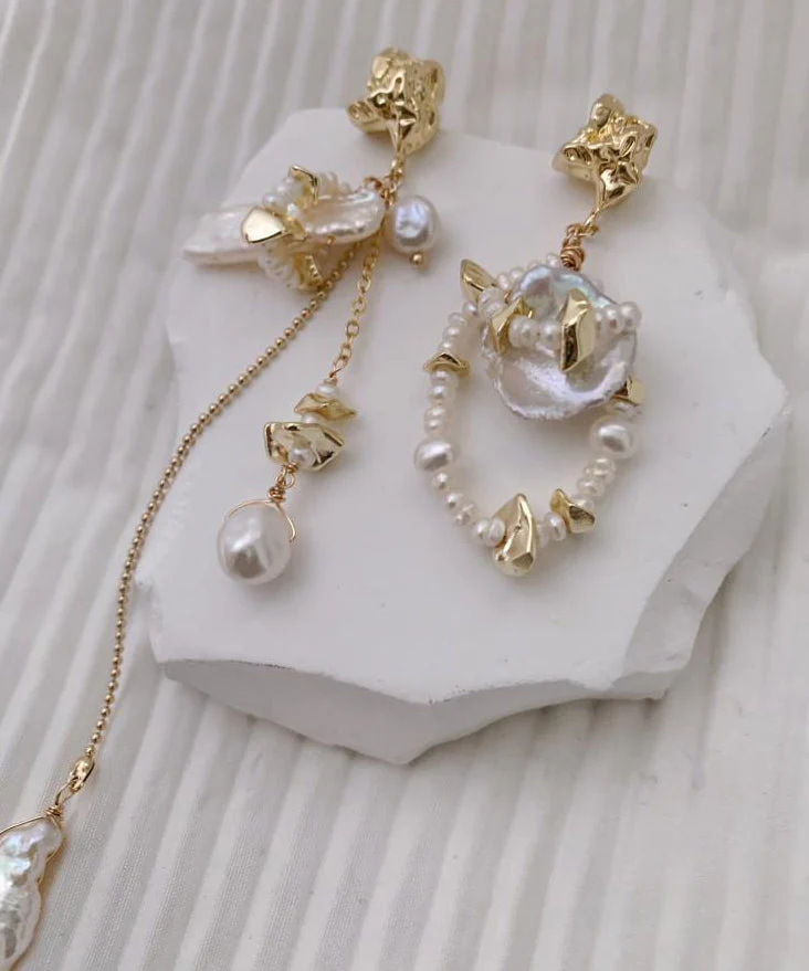 Modern Gold Copper Overgild Asymmetrica Pearl Tassel Drop Earrings - Image 3