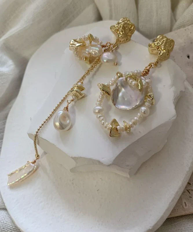 Modern Gold Copper Overgild Asymmetrica Pearl Tassel Drop Earrings - Image 5