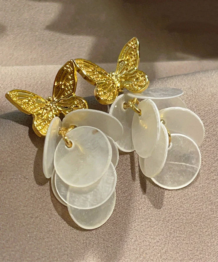Modern Gold Copper Overgild Butterfly Shell Drop Earrings