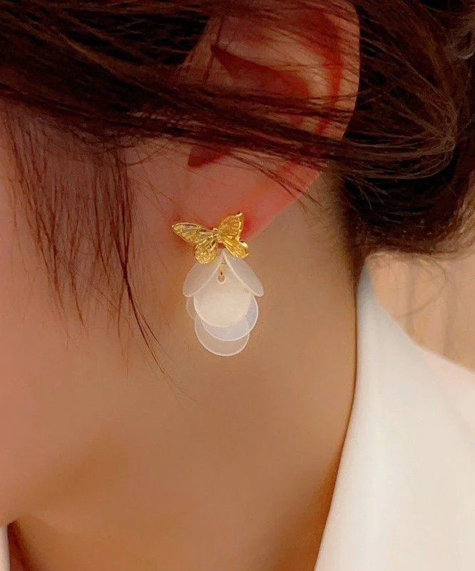 Modern Gold Copper Overgild Butterfly Shell Drop Earrings - Image 3