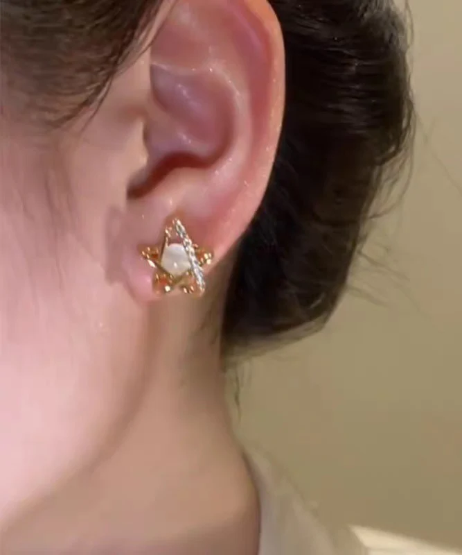 Modern Gold Copper Overgild Zircon Cat's Eye Stud Earrings - Image 3