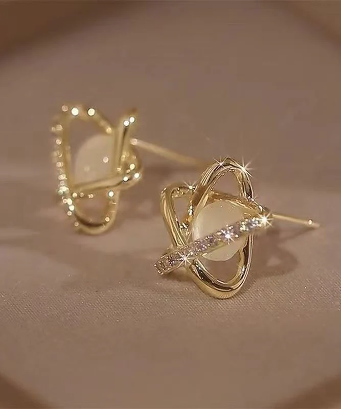 Modern Gold Copper Overgild Zircon Cat's Eye Stud Earrings - Image 4