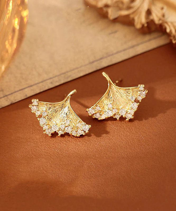 Modern Gold Copper Overgild Zircon Ginkgo Leaf Stud Earrings