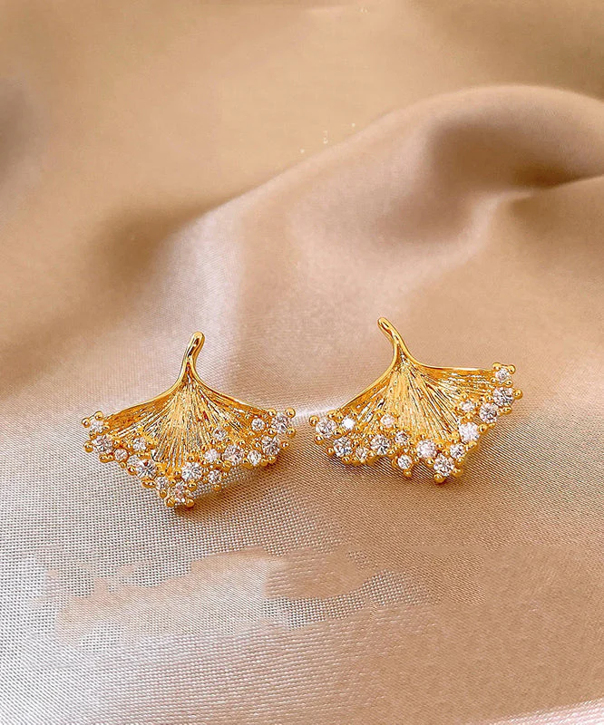 Modern Gold Copper Overgild Zircon Ginkgo Leaf Stud Earrings - Image 3