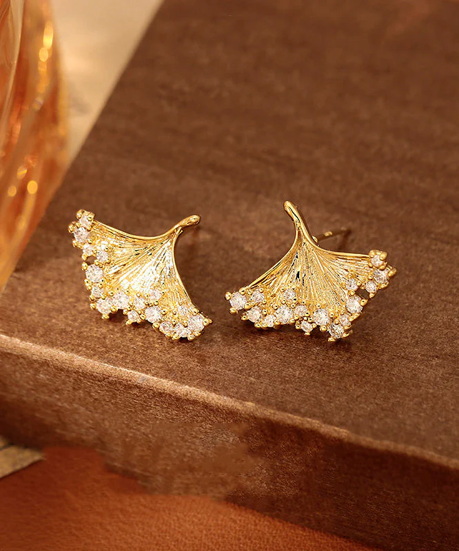 Modern Gold Copper Overgild Zircon Ginkgo Leaf Stud Earrings - Image 5