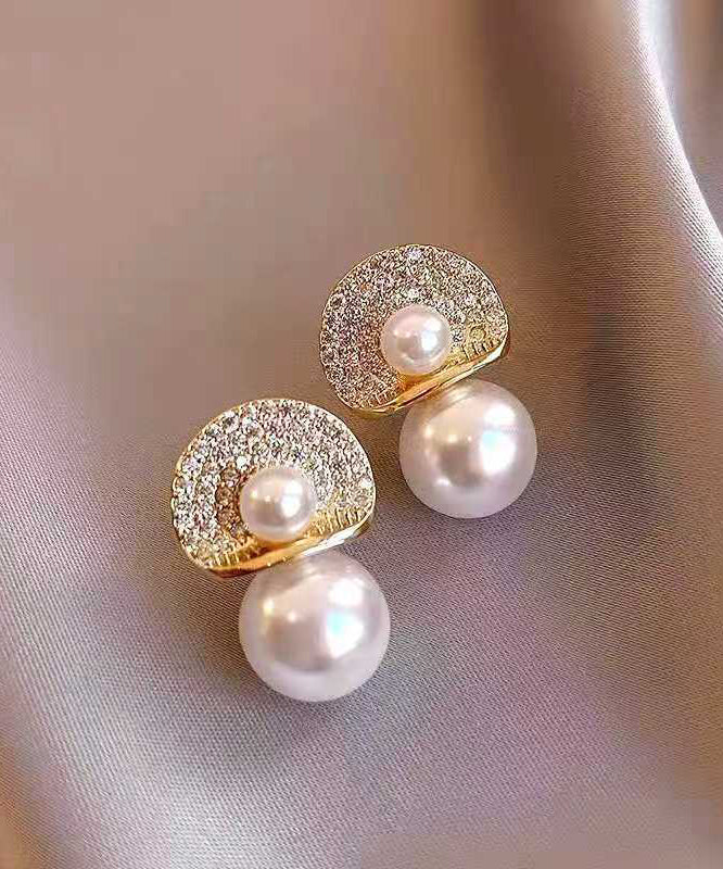 Modern Gold Copper Overgild Zircon Pearl Stud Earrings - Image 3