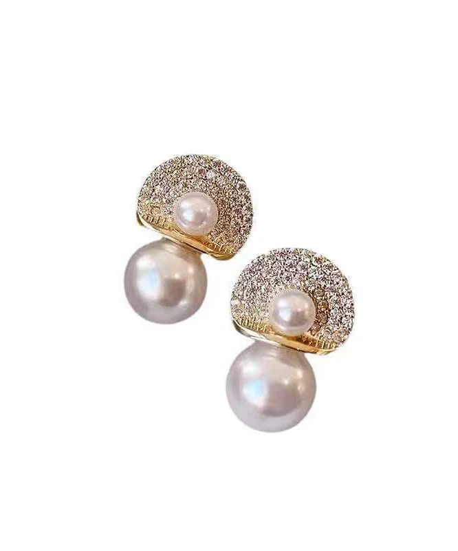 Modern Gold Copper Overgild Zircon Pearl Stud Earrings - Image 5