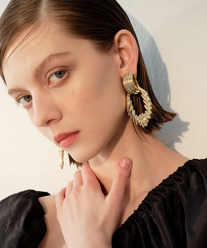Modern Gold Wrinkled Hollow Out Exaggeration Gold Plated Drop Earrings - Image 5