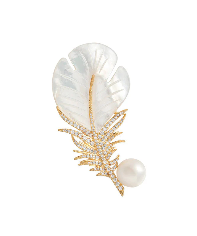 Modern Golden Feather Shape Pearl Fine Zircon Women Brooch - Image 5