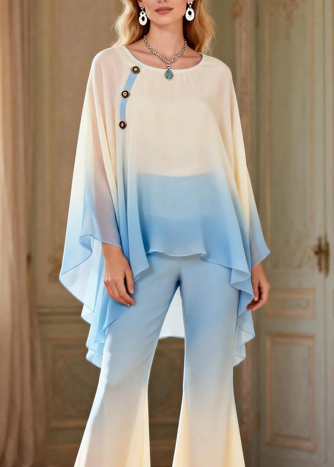 Modern Gradient Color O Neck Silk 2 Piece Outfit Spring - Image 2