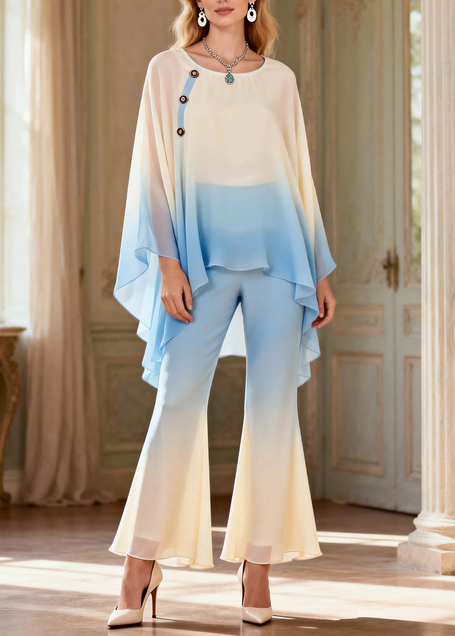 Modern Gradient Color O Neck Silk 2 Piece Outfit Spring - Image 5