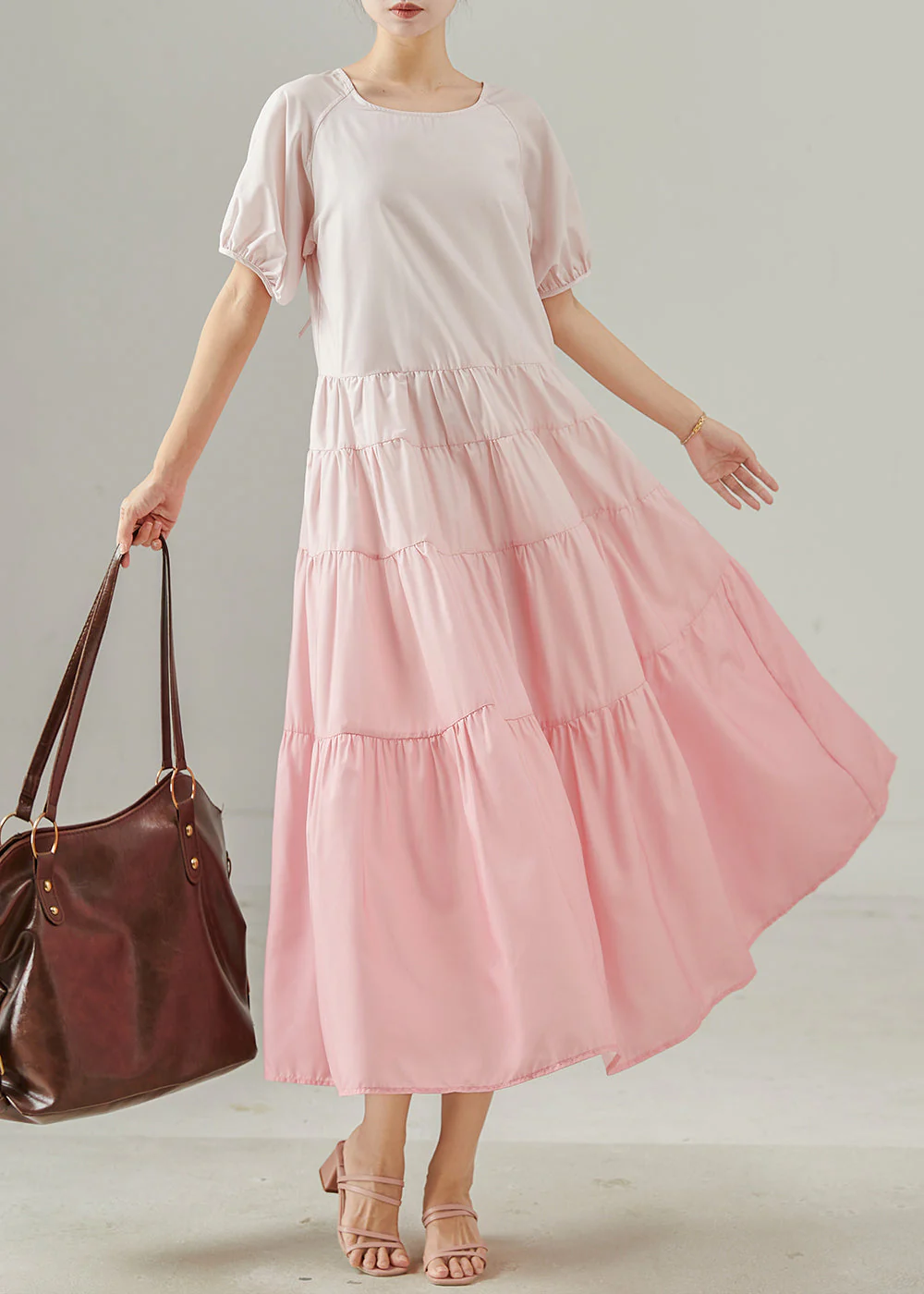 Modern Gradient Pink Exra Large Hem Patchwork Cotton Dress Summer - Image 2