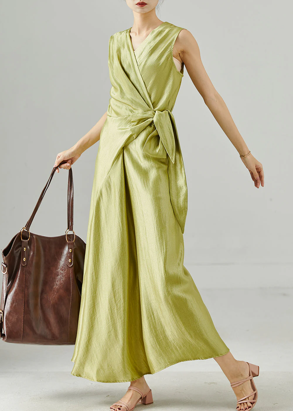 Modern Grass Green Asymmetrical Tie Waist Silk Dress Sleeveless - Image 2