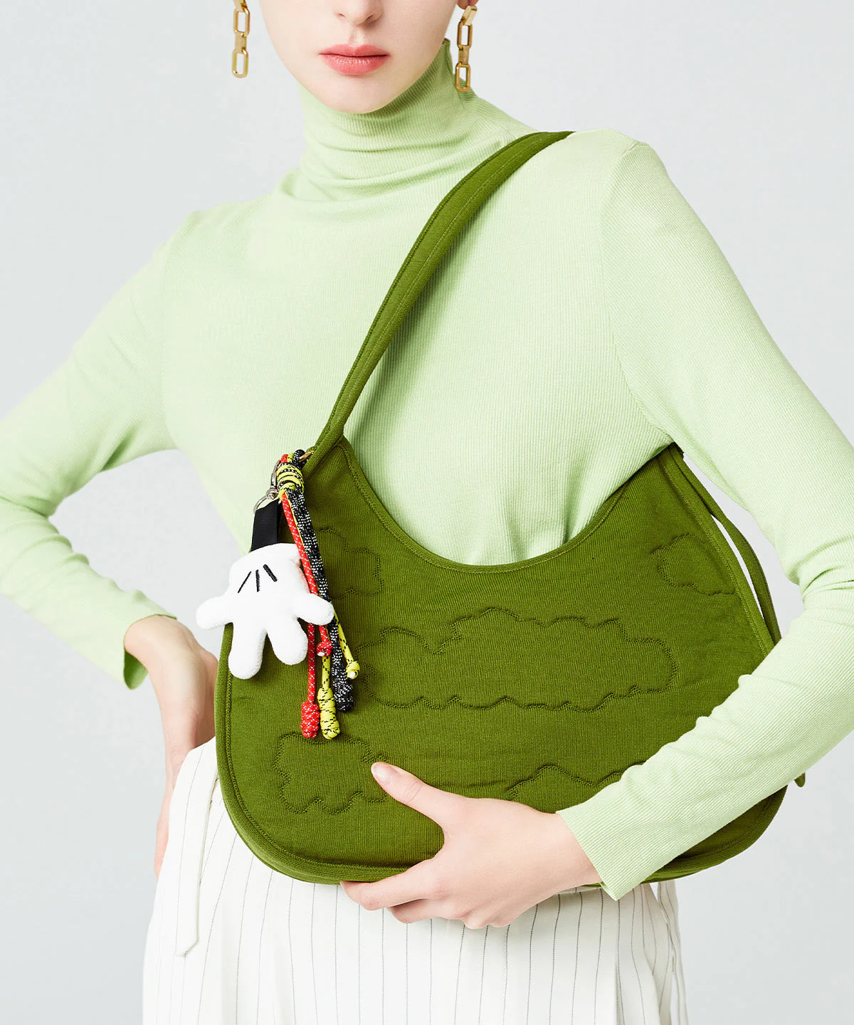 Modern Grass Green Embossing Cotton Hobo Bag - Image 2