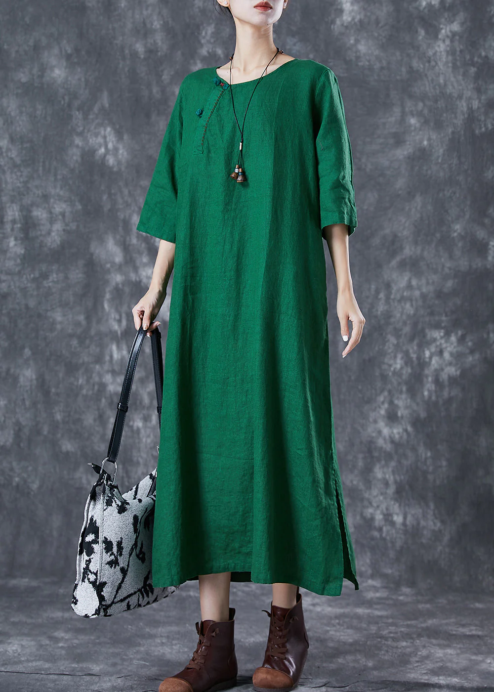 Modern Green O-Neck Chinese Button Linen A Line Dress Summer - Image 2