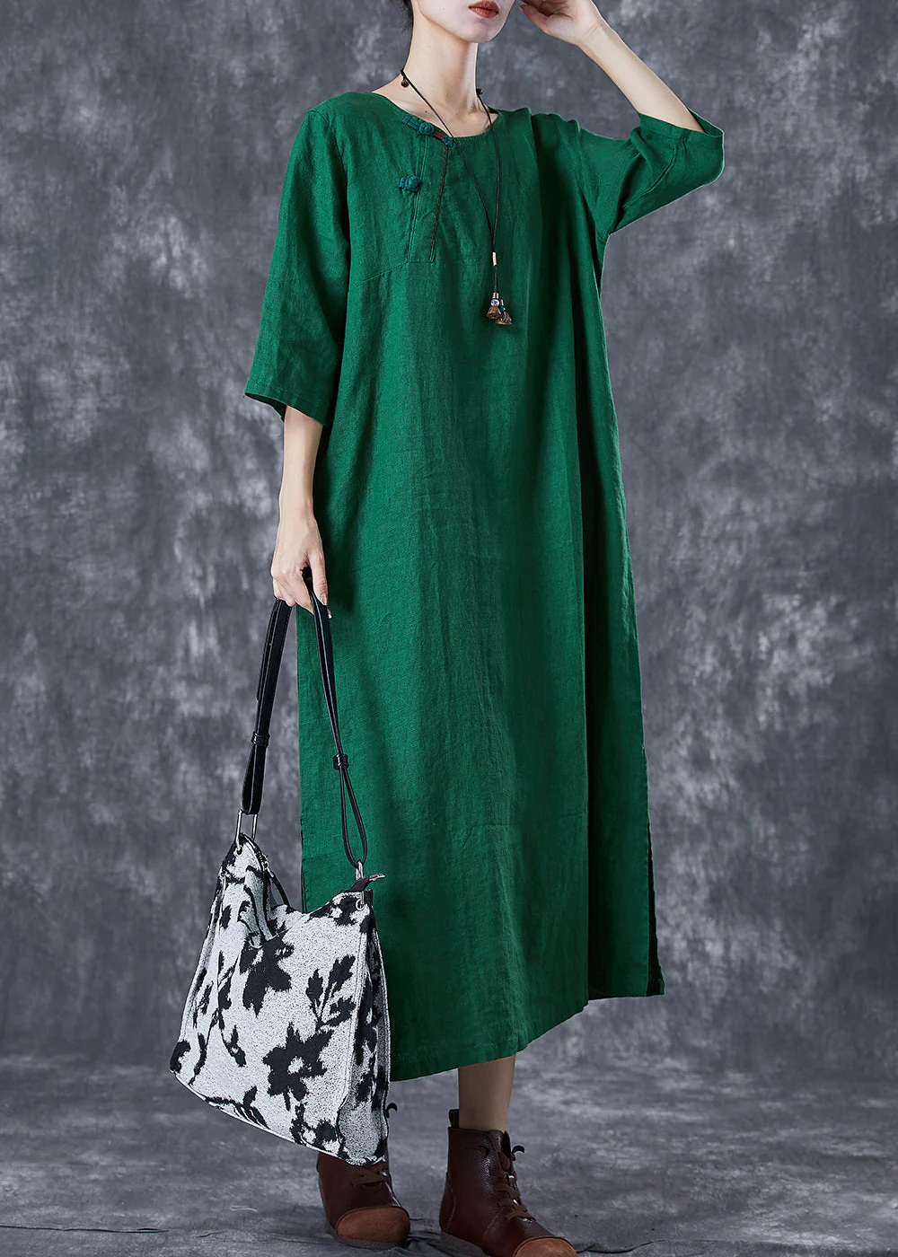 Modern Green O-Neck Chinese Button Linen A Line Dress Summer - Image 3