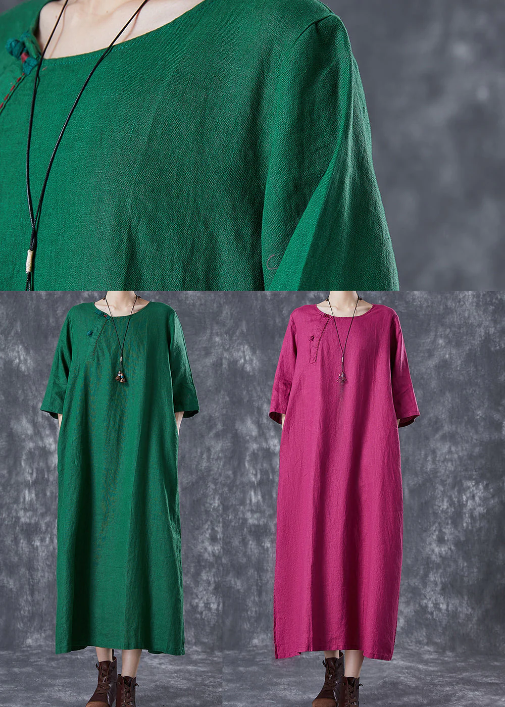 Modern Green O-Neck Chinese Button Linen A Line Dress Summer - Image 5