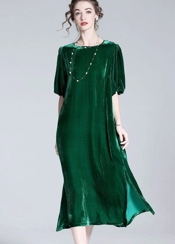 Modern Green O Neck Patchwork Side Open Silk Velour Dresses Summer - Image 2