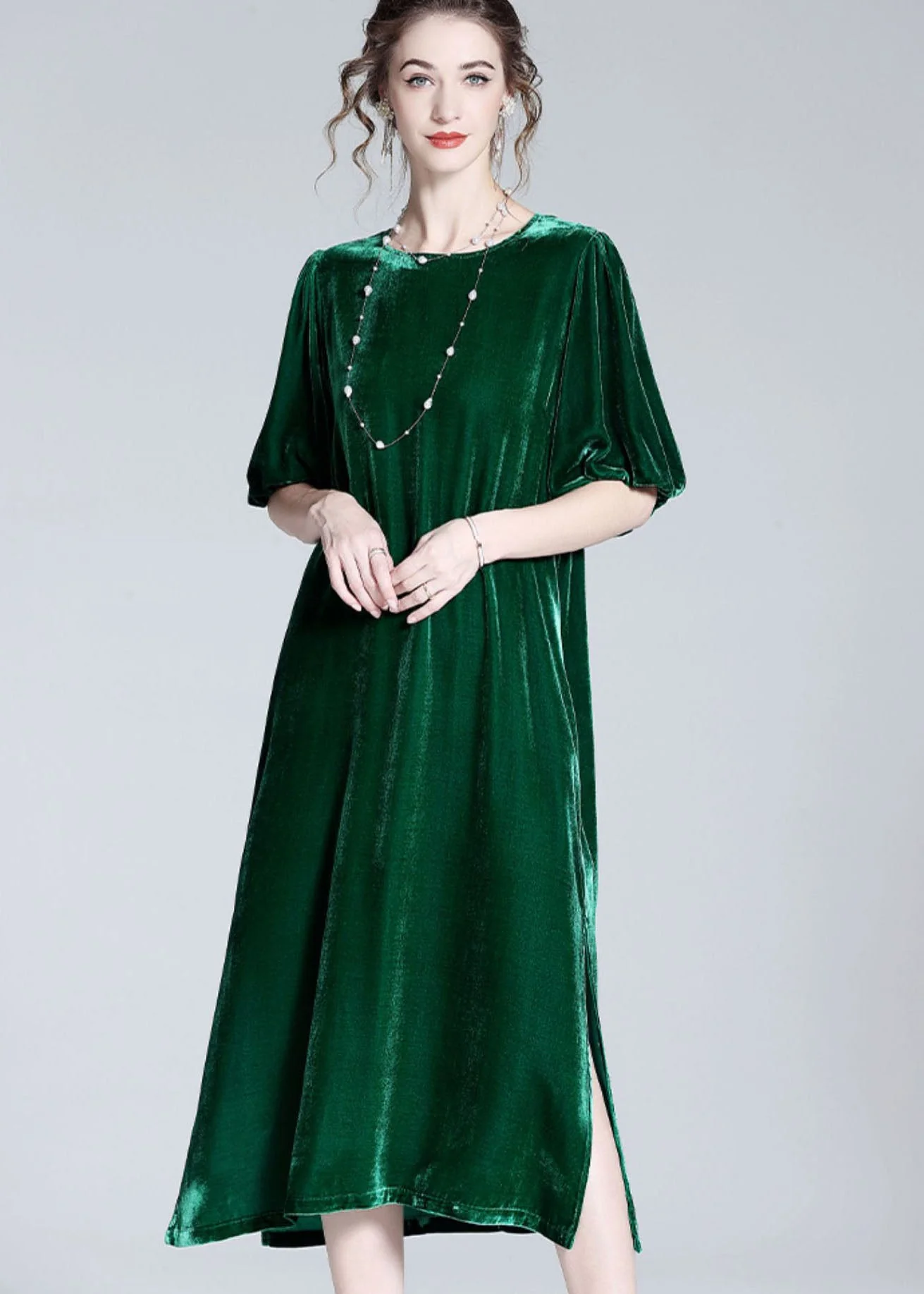 Modern Green O Neck Patchwork Side Open Silk Velour Dresses Summer - Image 3