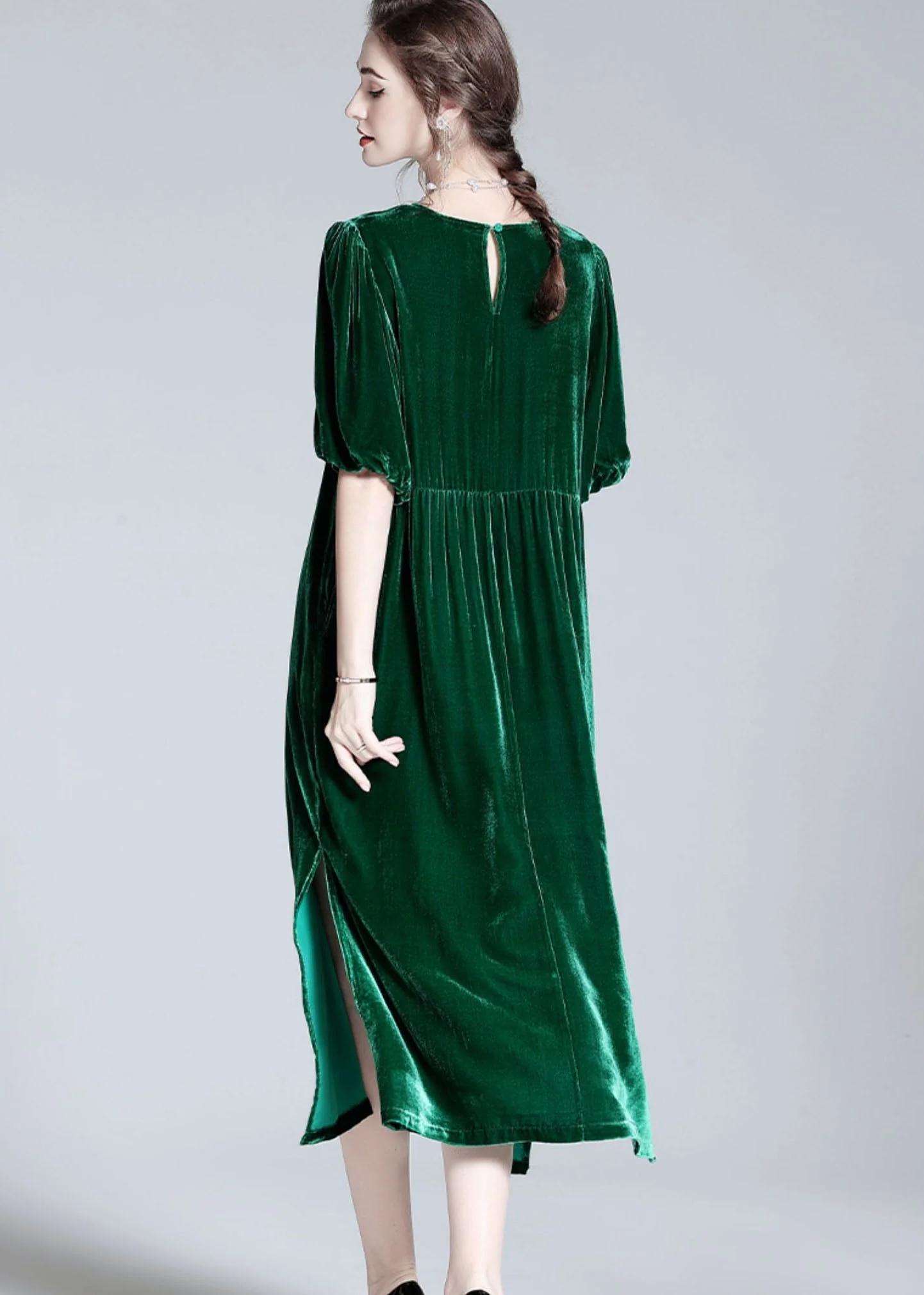 Modern Green O Neck Patchwork Side Open Silk Velour Dresses Summer - Image 4