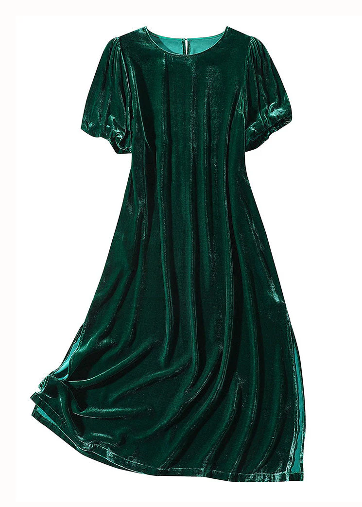 Modern Green O Neck Patchwork Side Open Silk Velour Dresses Summer - Image 5