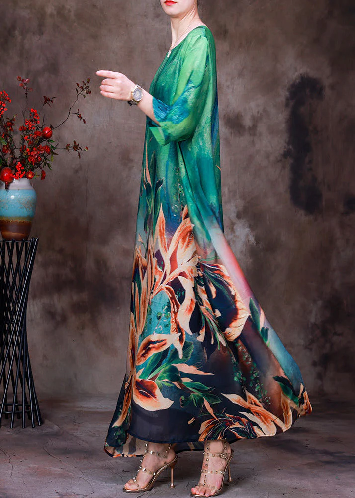 Modern Green O-Neck Print Silk Loose Long Dresses Bracelet Sleeve - Image 2