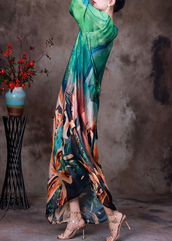 Modern Green O-Neck Print Silk Loose Long Dresses Bracelet Sleeve - Image 3