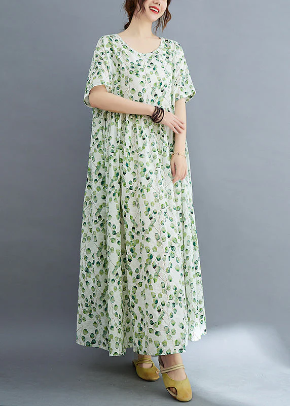 Modern Green O-Neck Print Wrinkled Holiday Maxi Dress Summer