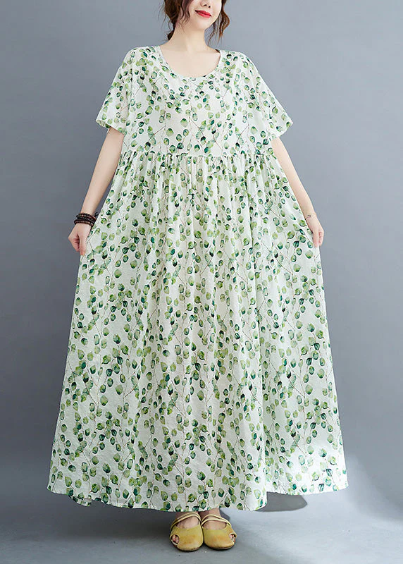 Modern Green O-Neck Print Wrinkled Holiday Maxi Dress Summer - Image 2