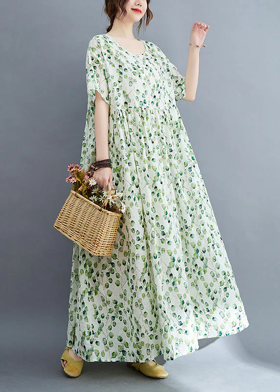 Modern Green O-Neck Print Wrinkled Holiday Maxi Dress Summer - Image 3