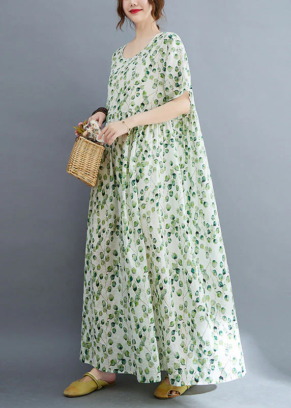 Modern Green O-Neck Print Wrinkled Holiday Maxi Dress Summer - Image 4