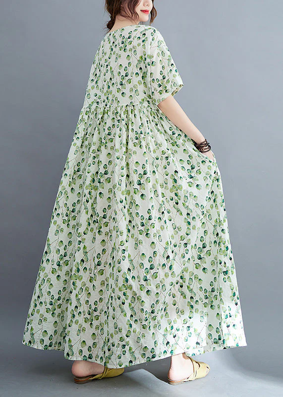 Modern Green O-Neck Print Wrinkled Holiday Maxi Dress Summer - Image 5