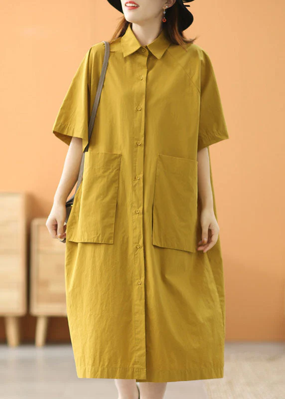 Modern Green Peter Pan Collar Oversized Big Pockets Cotton Loose Shirt Dress Short Sleeve - Image 2