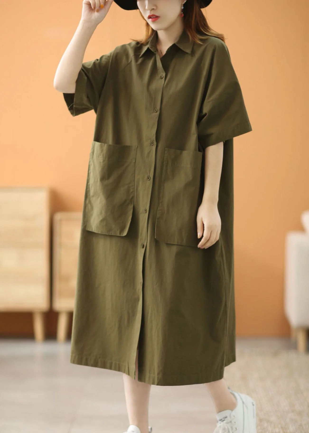 Modern Green Peter Pan Collar Oversized Big Pockets Cotton Loose Shirt Dress Short Sleeve - Image 3