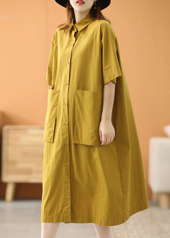 Modern Green Peter Pan Collar Oversized Big Pockets Cotton Loose Shirt Dress Short Sleeve - Image 4
